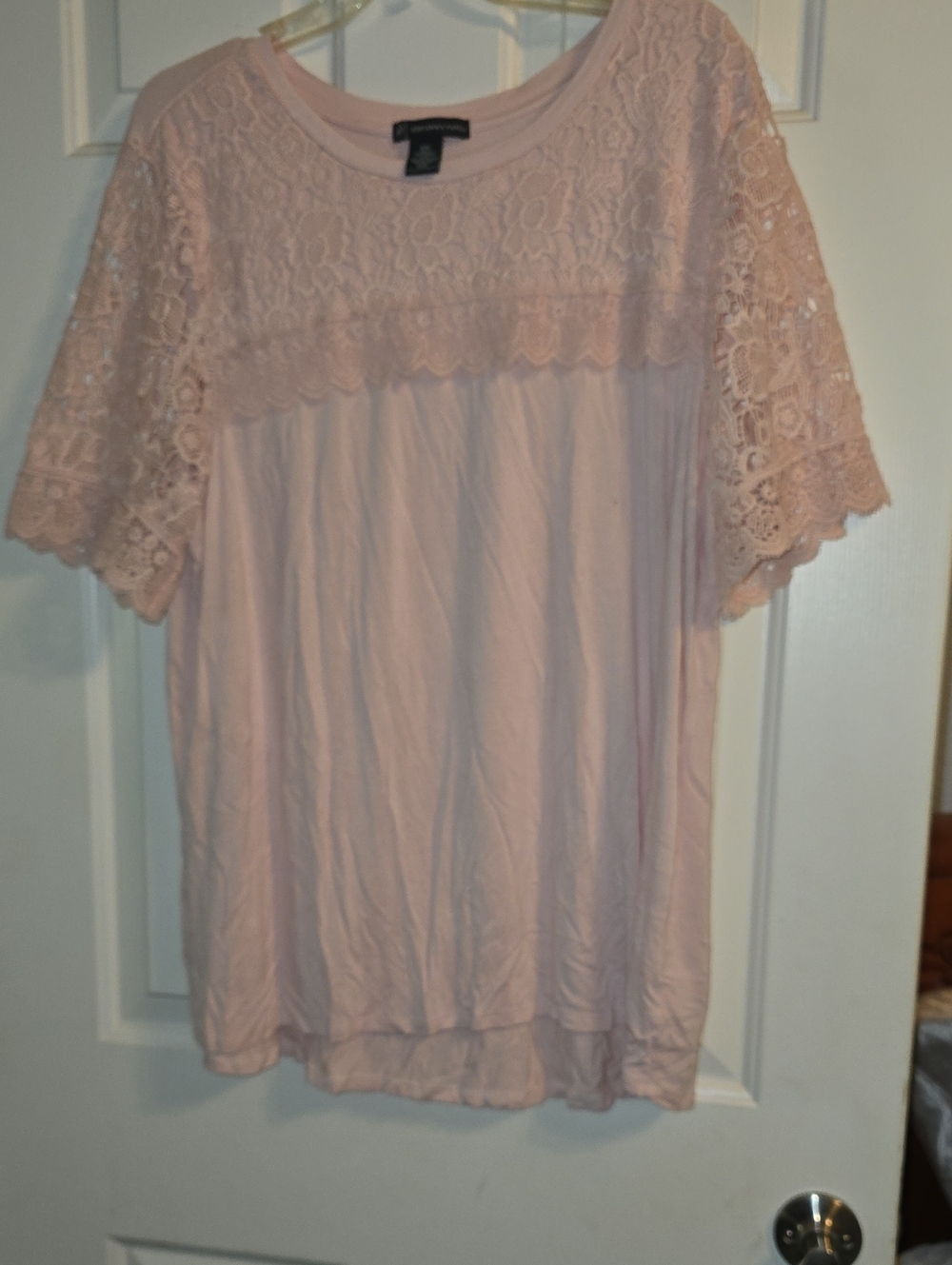 Adrianna Papell Light Pink Lace Yoke Short Sleeve Top